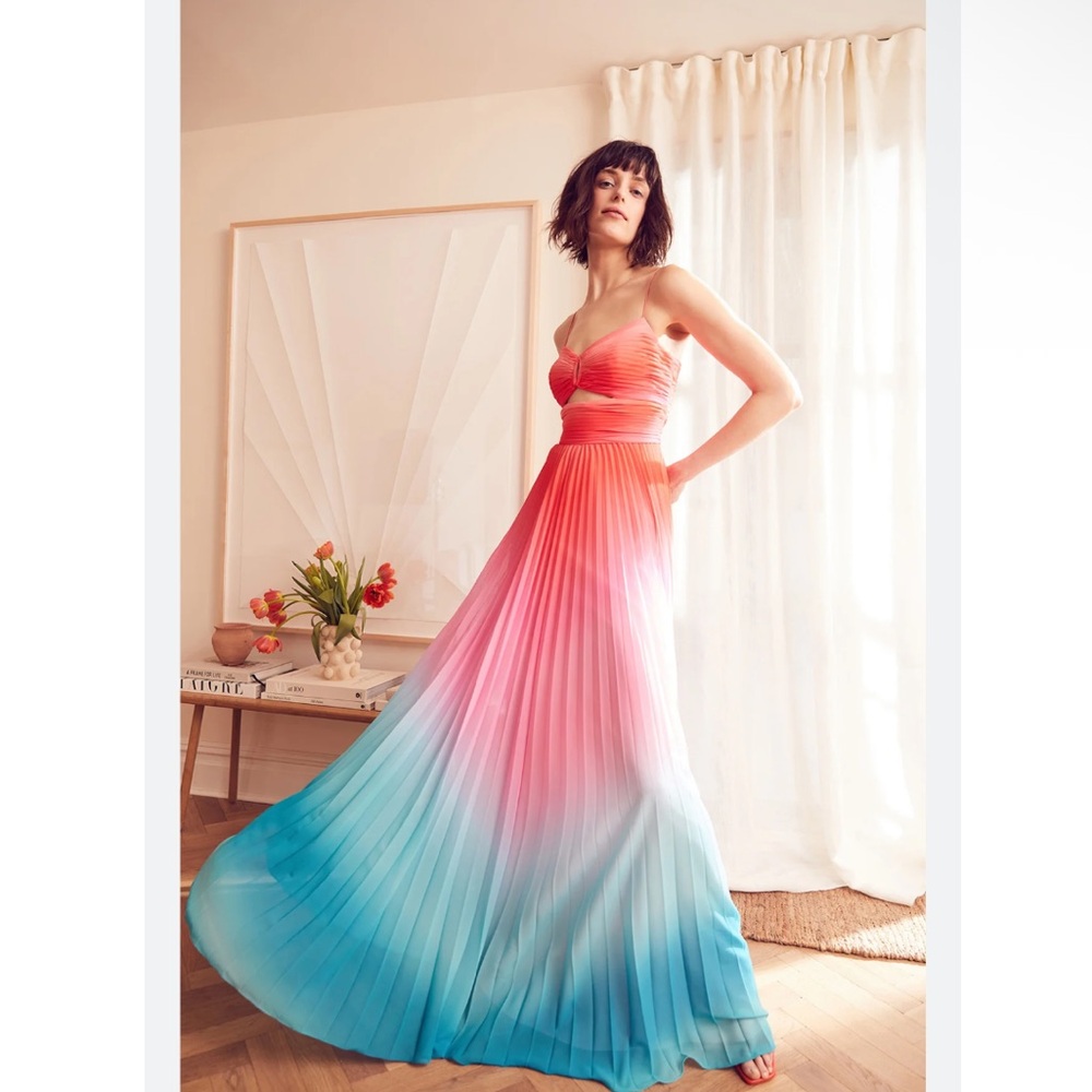 AMUR Emmett Pleated Cutout Maxi Multicolor Revolve Gown in Ombre Sunset Size 10